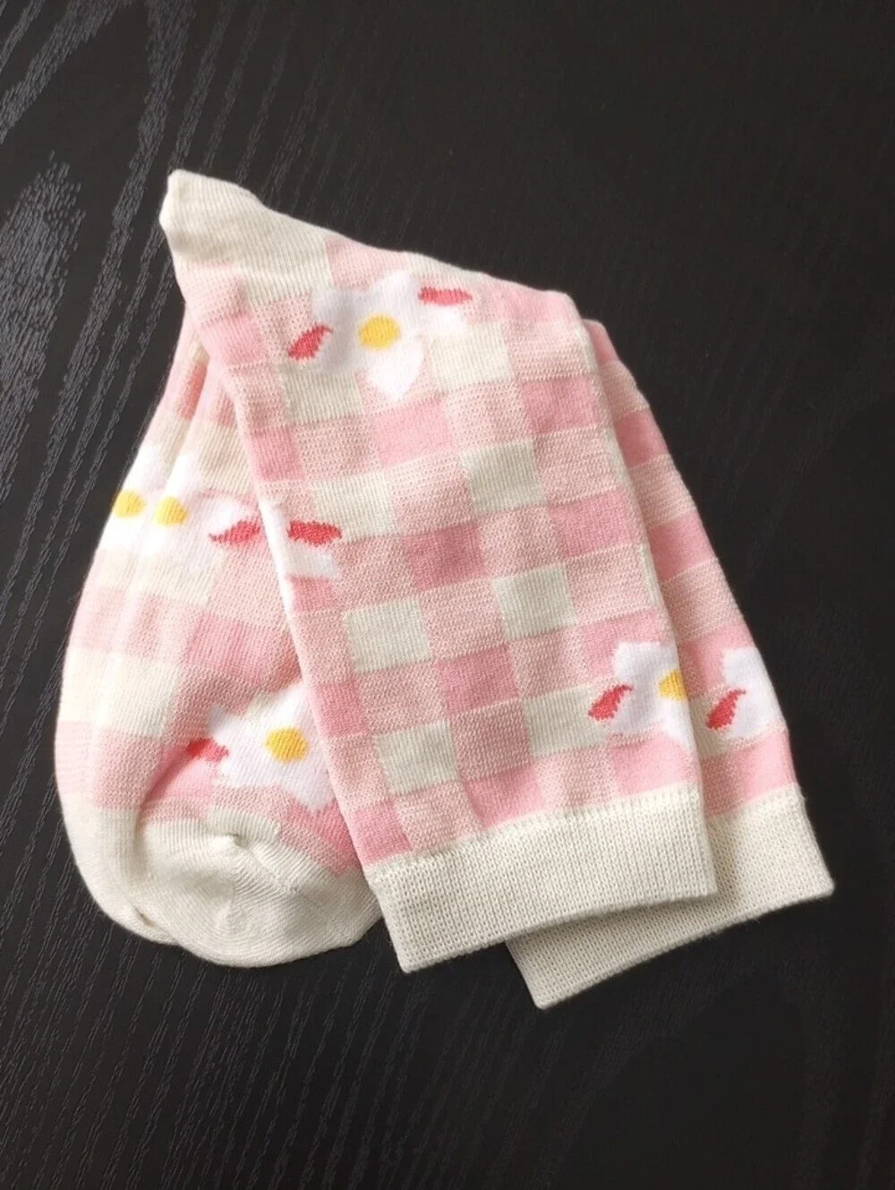 Pink Cream Gingham Floral Crew Mid-calf Socks